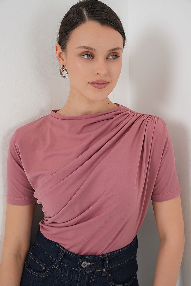 Büzgü Detaylı Kısa Kol Sandy Bluz 945 - Gül Kurusu - 4