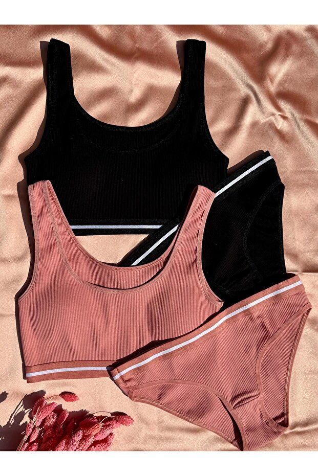 Soleya 2-Pack, Cotton Camisole Dusty Rose and Black Color Pad Half Undershirt and Slip Panty Set 4511