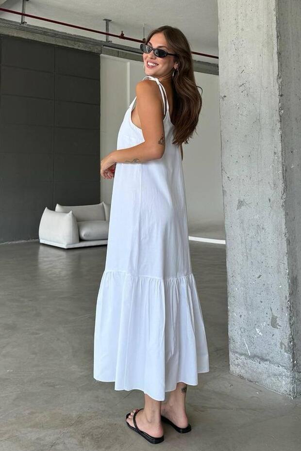 Askılı Poplin Kumaş Plaj Elbisesi Midi Boy - 787 - 4