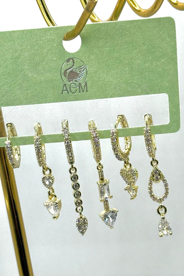 Women Earrings Imported Full Zircon Series 6pcs Drop Heart Long Dangle Blackout Earrings