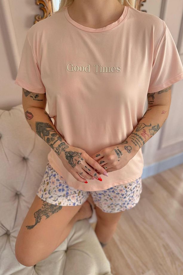 Şeftali Good Times Desenli Kısa Kollu Şortlu Örme Kadın Pijama Takımı - 6