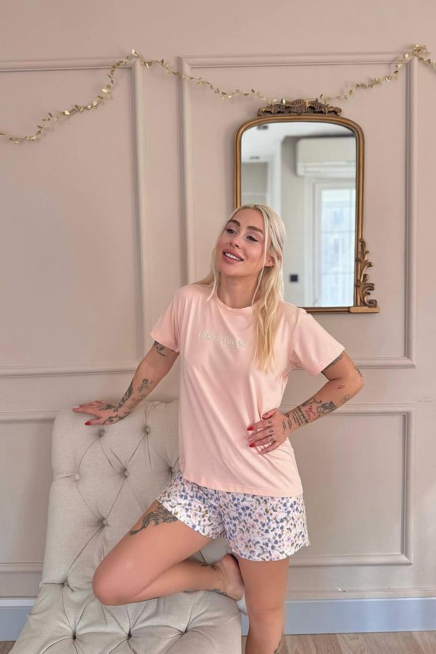 Şeftali Good Times Desenli Kısa Kollu Şortlu Örme Kadın Pijama Takımı - 5