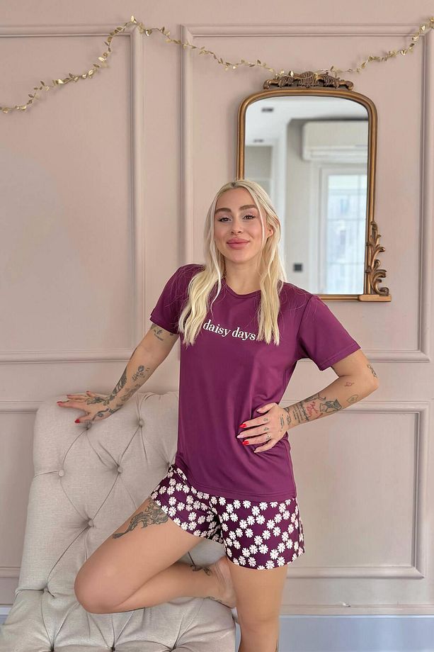 Mor Daisy Days Desenli Kısa Kollu Şortlu Örme Kadın Pijama Takımı - 5