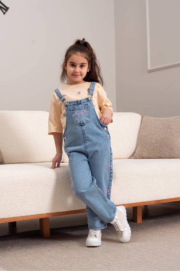 Bow Detail Pocketed Denim Girls' Overalls Denim Jumpsuit New Season