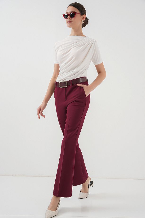 6538 Kemerli İspanyol Paça Pantolon - Bordo - 3