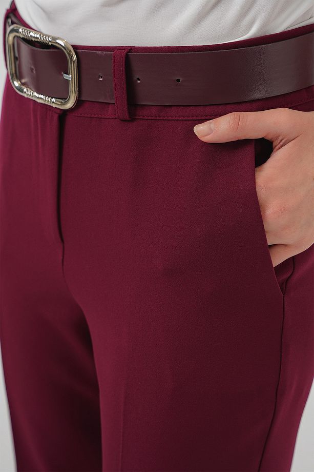 6538 Kemerli İspanyol Paça Pantolon - Bordo - 5