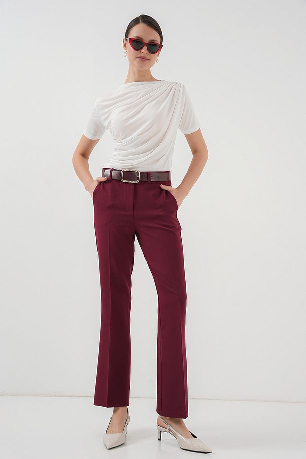 6538 Kemerli İspanyol Paça Pantolon - Bordo - 1