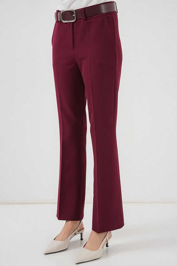 6538 Kemerli İspanyol Paça Pantolon - Bordo - 4