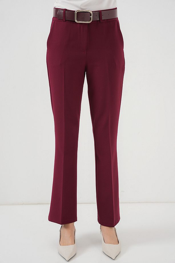 6538 Kemerli İspanyol Paça Pantolon - Bordo - 2