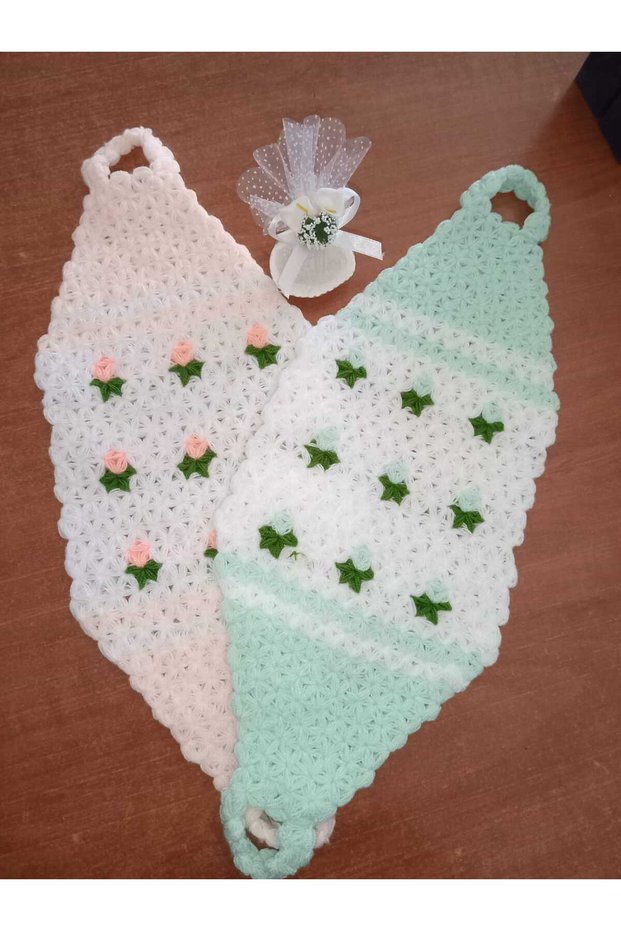 Hand Knitted Floral Long Bath Washcloth Set of 2 Baby's Breath and Water Green