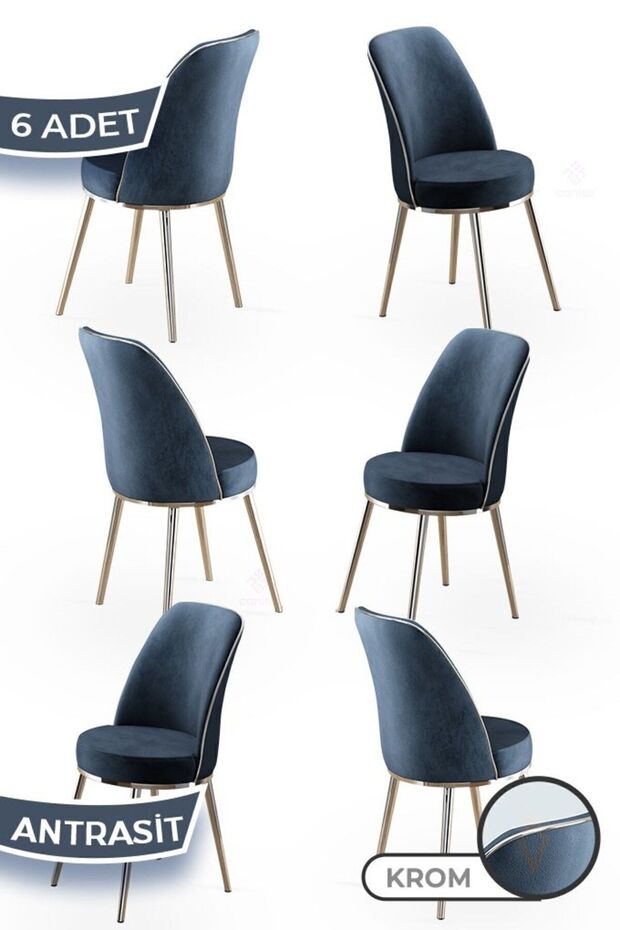 Pefa Serisi 6 Adet Antrasit Mutfak Sandalyesi Krom Kaplama Metal Ayak 1. Sınıf Babyface Kumaş - 3