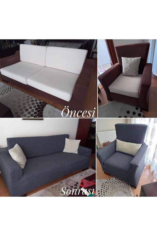 Streç Lastikli Jakarlı 3 3 1 1 Koltuk Örtüsü Takımı| Kanepe Kılıfı| Çekyat Örtüsü| Koltuk Kılıfı - 6