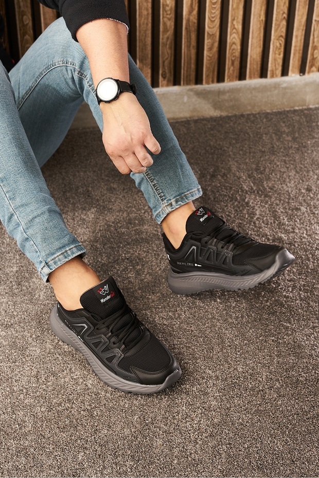 Casual Men's Black Sneaker Mesh Lace-Up Serrated Thick Sole Ankle Support Stitching Sports Shoes 4281