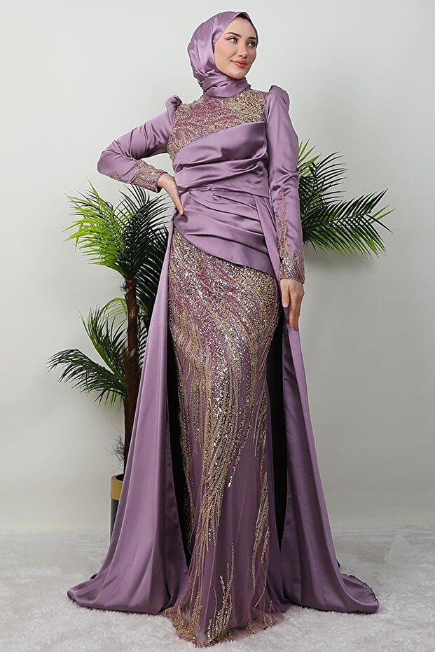 Draped Cape Evening Dress Lilac