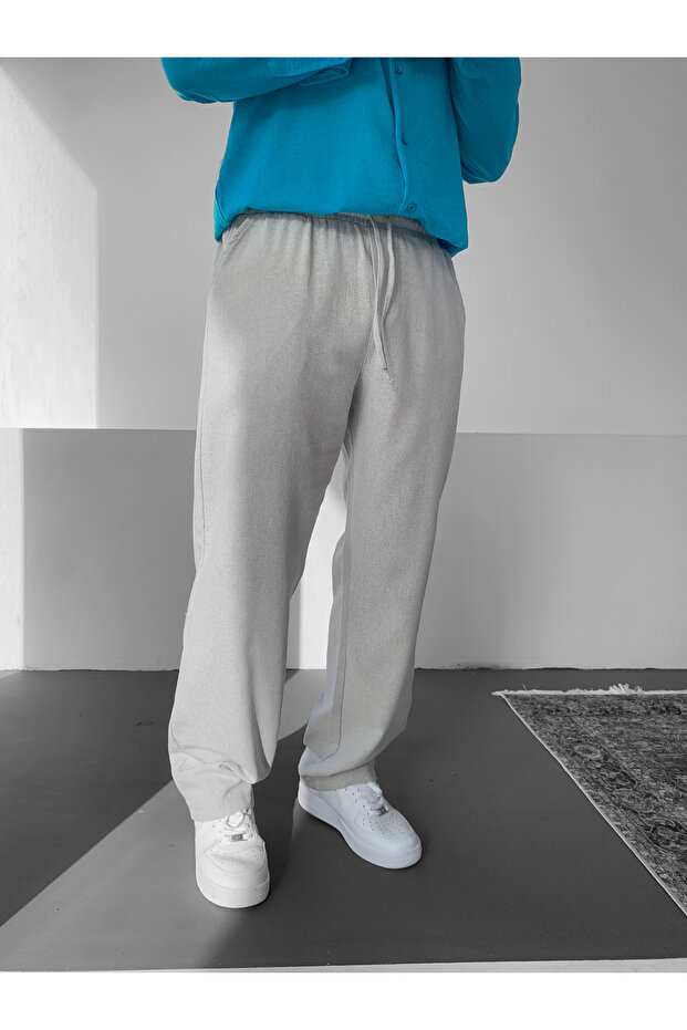 Gray Relaxed Cut Baggy Linen Trousers
