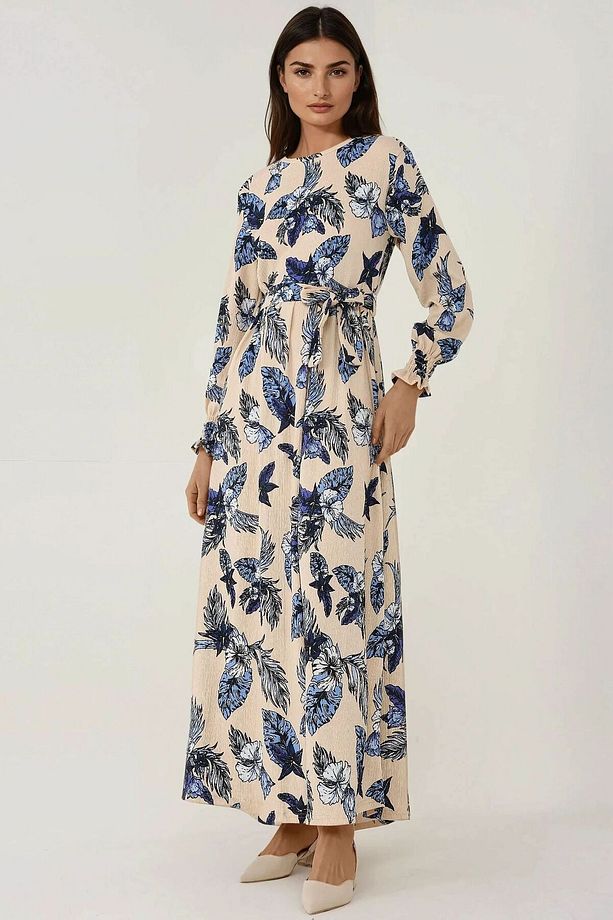 Çiçek Desenli Uzun Kol Kuşaklı Örme Modest Elbise - 3