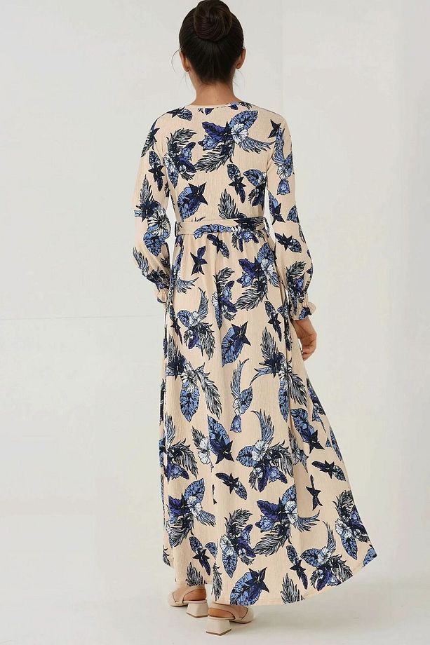 Çiçek Desenli Uzun Kol Kuşaklı Örme Modest Elbise - 6