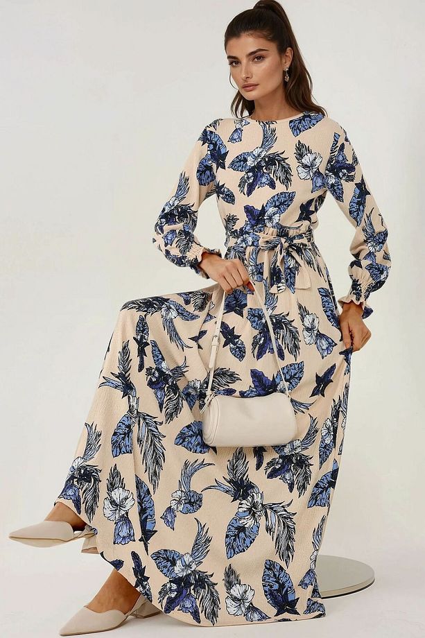 Çiçek Desenli Uzun Kol Kuşaklı Örme Modest Elbise - 1