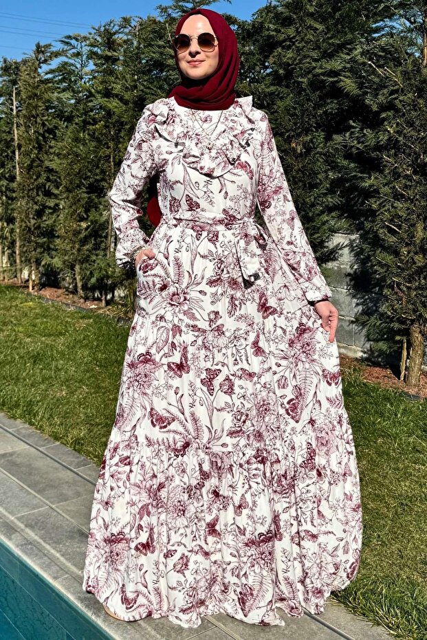 Botanik Elbise Bordo - 7