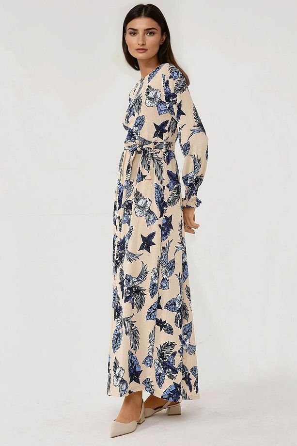 Çiçek Desenli Uzun Kol Kuşaklı Örme Modest Elbise - 4