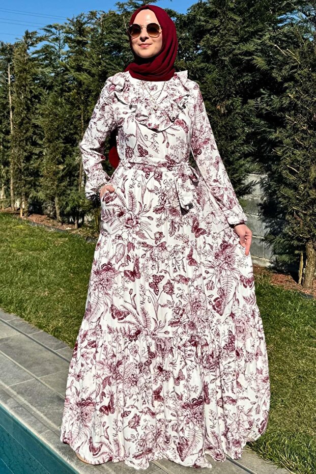 Botanik Elbise Bordo - 1