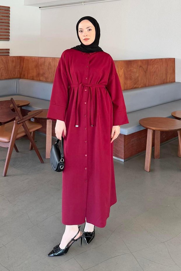 Dumbbell Hijab Dress with Fake Cuff Detail Claret Red