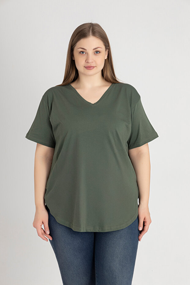 Women's V-Neck Plus Size T-Shirt with Slit and Stitched Hem