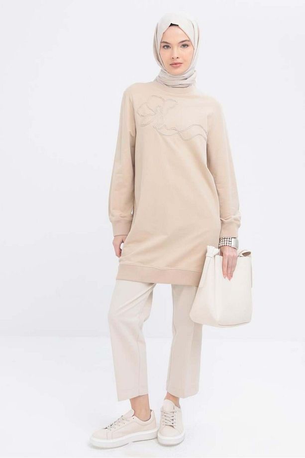 Bej-önü Nakış Detaylı Likralı Sweat - 2