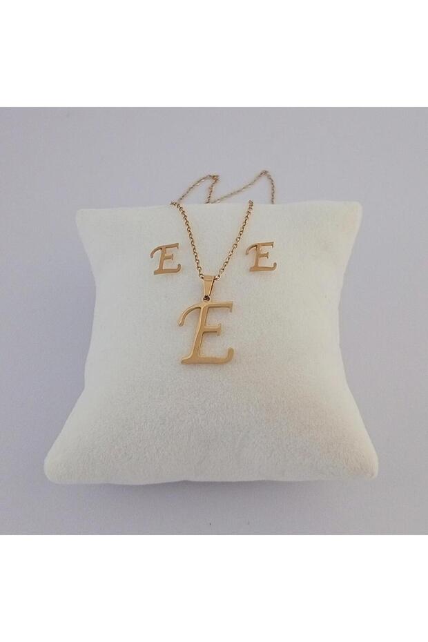 Çelik E Harfi Kolye Küpe Seti - 2