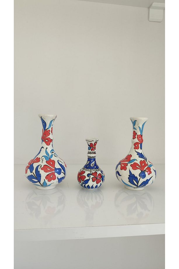 El Yapımı Çini Mini Vazo / Dekoratif Obje 3'lü Set - 5