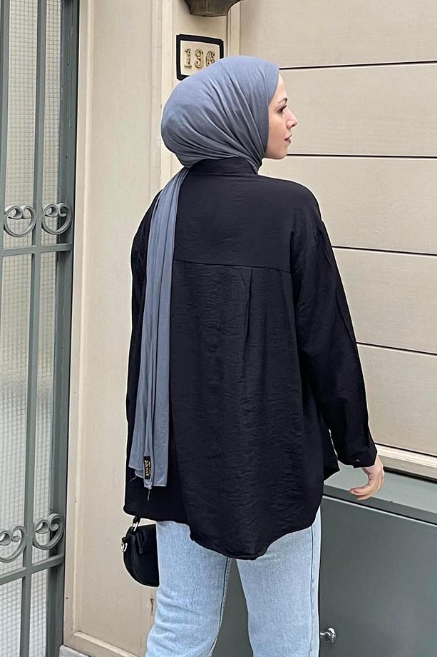 Tek Cep Oversize Gömlek Siyah - 4