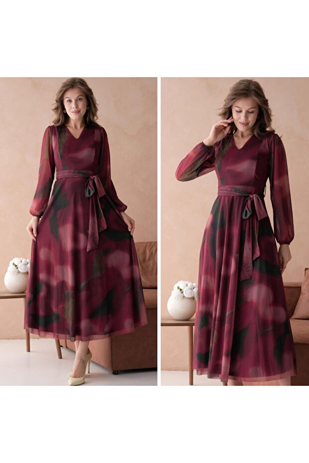 Printed V Neck Maxi Length Dress