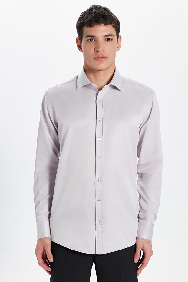Men's Modern Slim Fit Plain Satin Cotton Beige Shirt