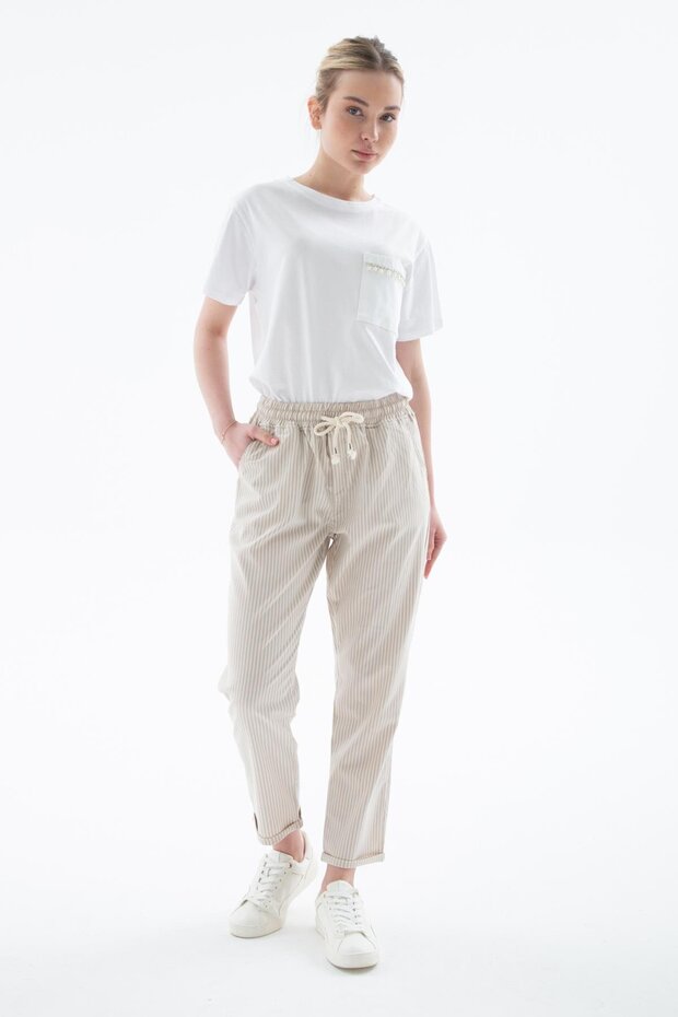 Comfortable Elastic Striped Trousers Beige