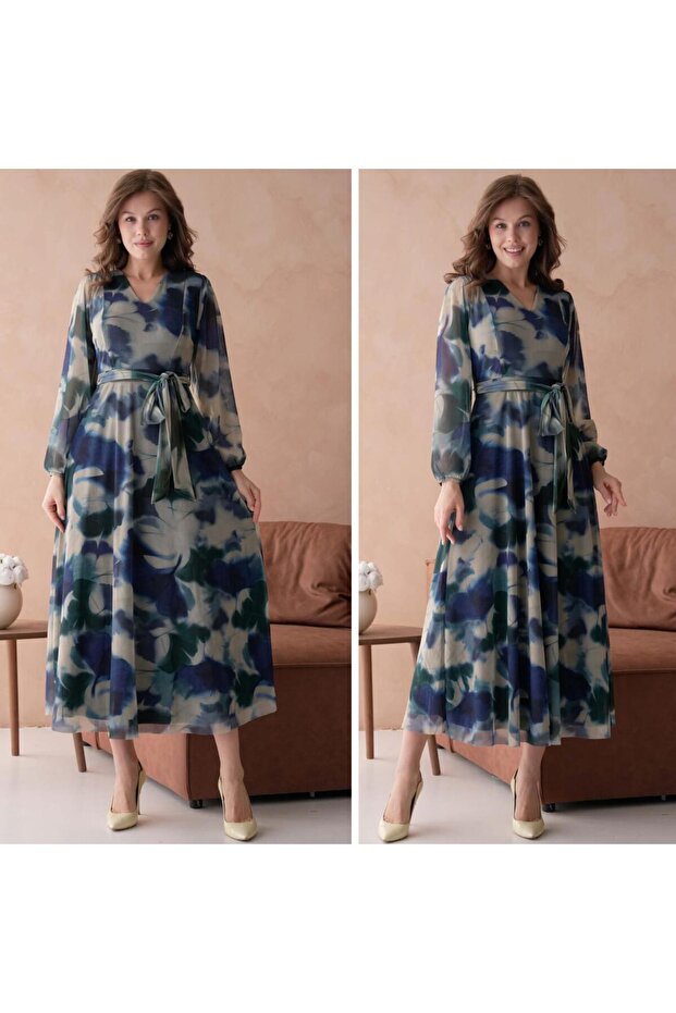 Printed V Neck Maxi Length Dress