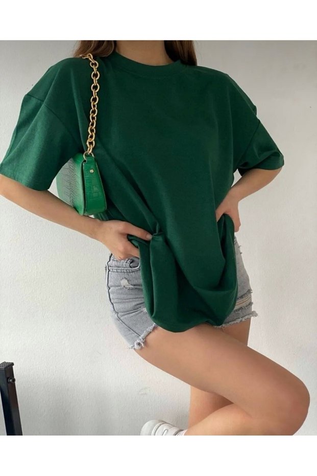 Women's Nefti Green Plain Unprinted Oversize T-Shirt