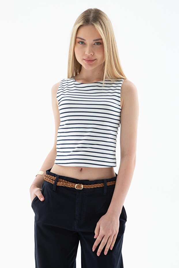 Sleeveless Crop Blouse Navy Blue Striped