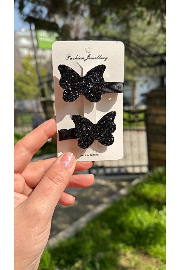 Black Glitter Butterfly Buckle Set of 2