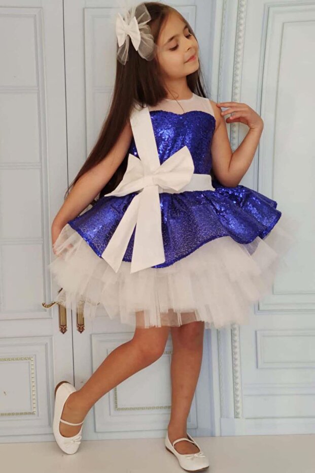 Girl's Cobalt Blue Evening Dress with Bow Detail on the Front and Back, Sequin Embroidered Top and Tulle Hem