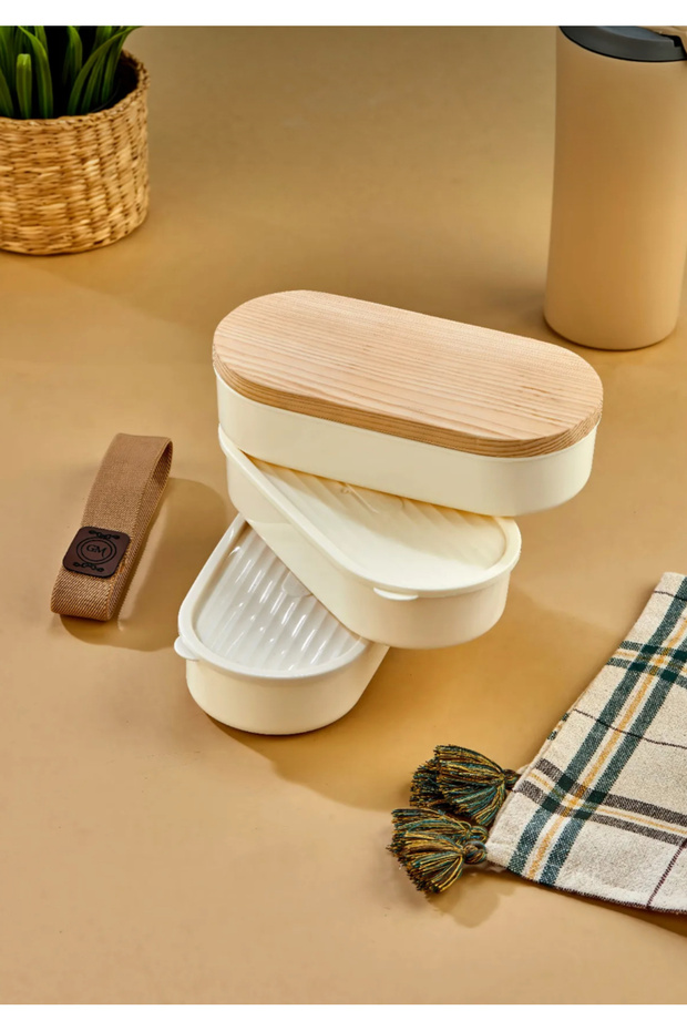 Set of 3 Stackable Practical Wood Lid Storage Containers with Elastic Bands. - 3