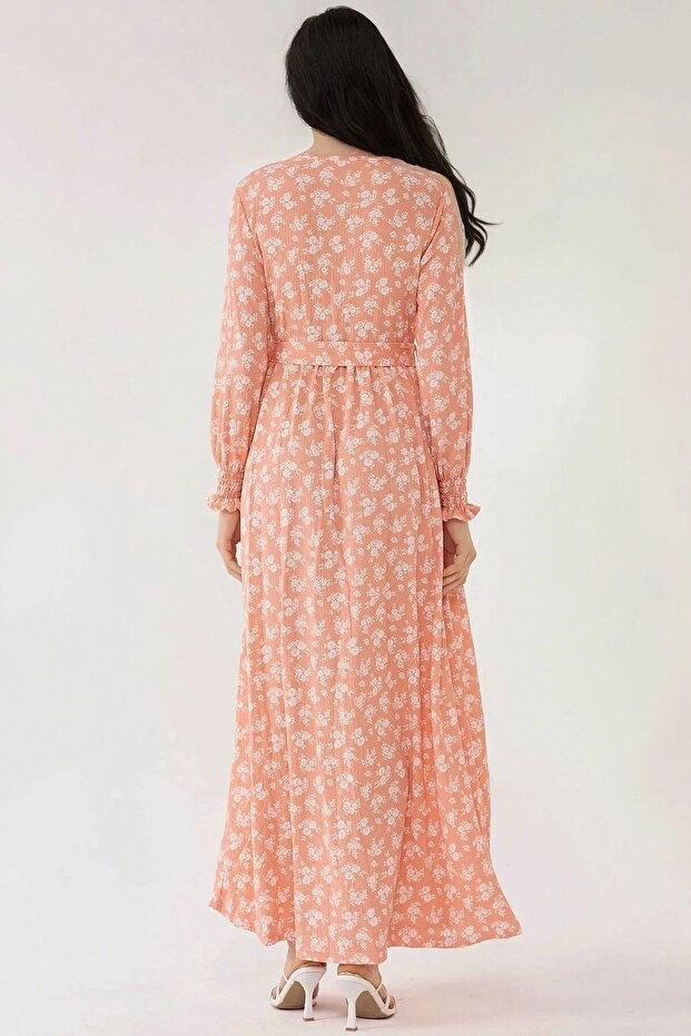 Çiçek Desenli Uzun Kol Örme Modest Elbise - 7
