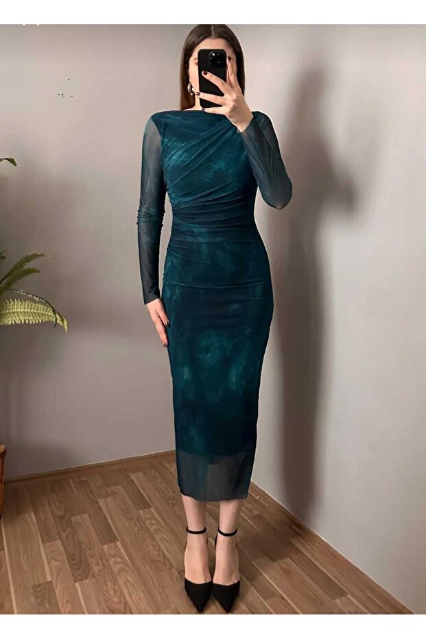 Kaliteli Premium Tül Elbise Lacvert - 4