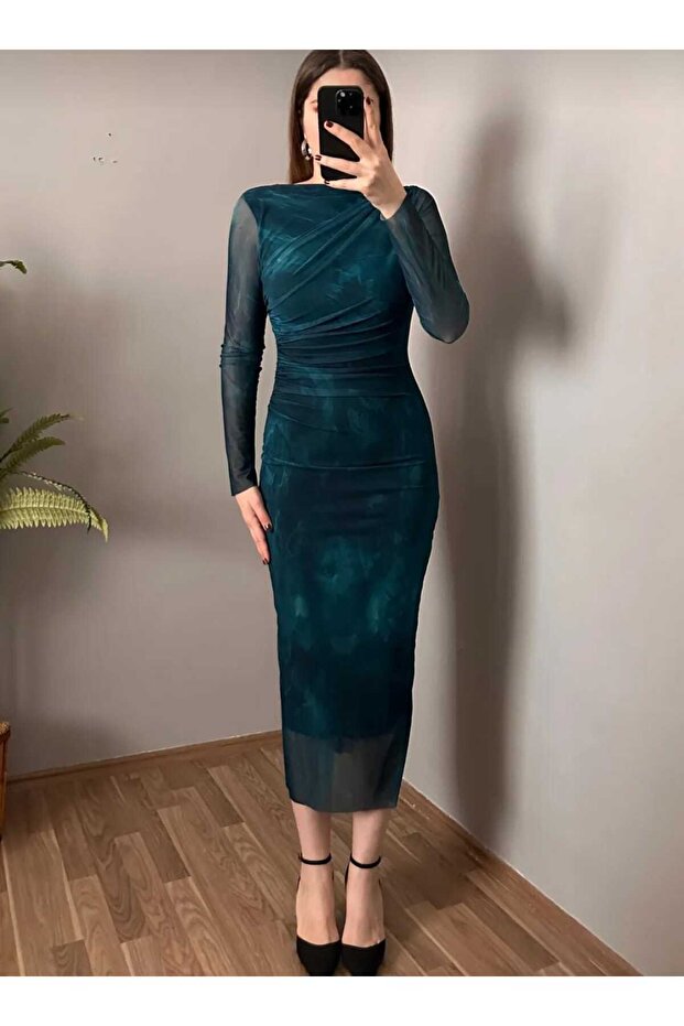 Kaliteli Premium Tül Elbise Lacvert - 1