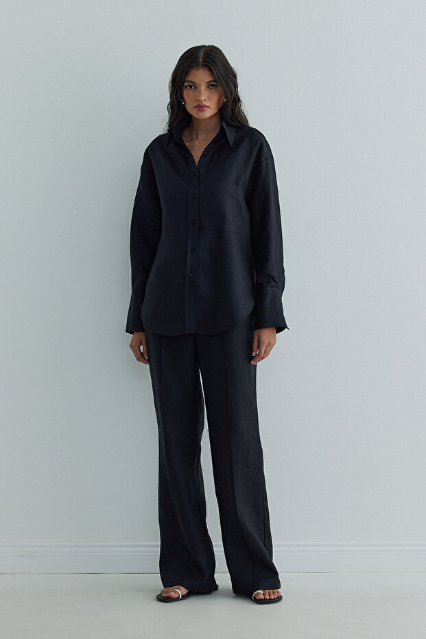 Black 100% Linen Tina Basic Shirt with Pockets