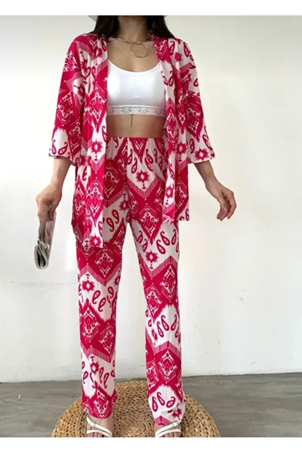 طقم كيمونو مزدوج منقوش باللون الفوشيا - 1