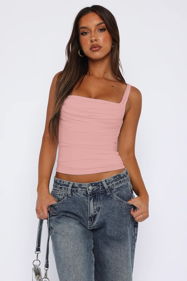 Diver Fabric Gathered Strap Pink Blouse 3036