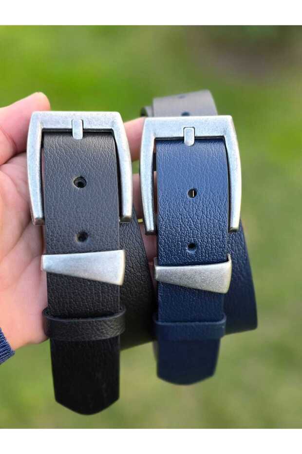 100% Genuine Leather Pewter Plated Buckle 3.2 cm Black-Navy Blue 2-Piece Belt Set