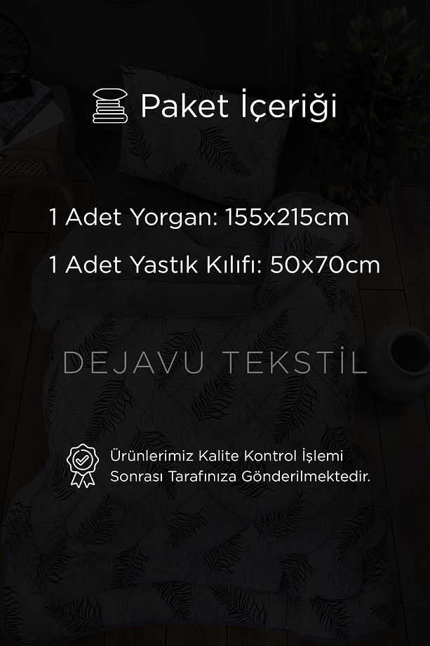 Tek Kişilik Welsoft Yorgan + Yastık Kılıfı Seti | Gri Yaprak Desenli Çift Taraflı Yorgan Takımı - 4