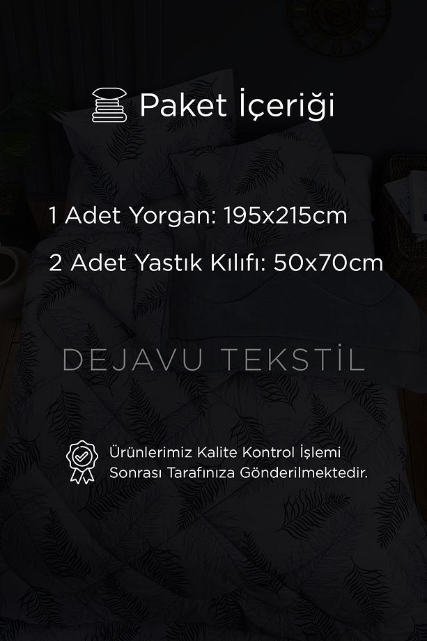 Çift Kişilik Welsoft Yorgan + 2 Yastık Kılıfı Seti | Gri Yaprak Desenli Çift Taraflı Yorgan Takımı - 4