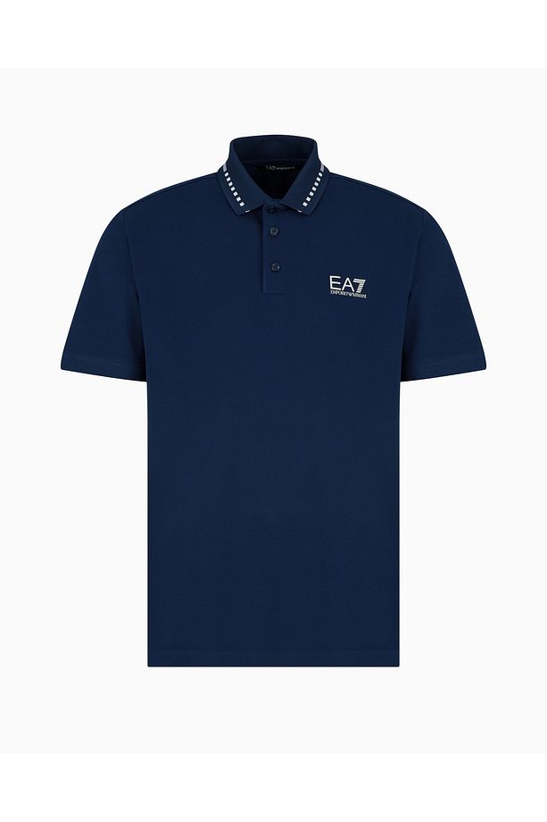 Erkek Regular Fit Esnek Pamuklu Pike Kumaş Yakası Desenli EA7 Logolu Kısa Kollu Mavi Polo Yaka T-Shi - 4